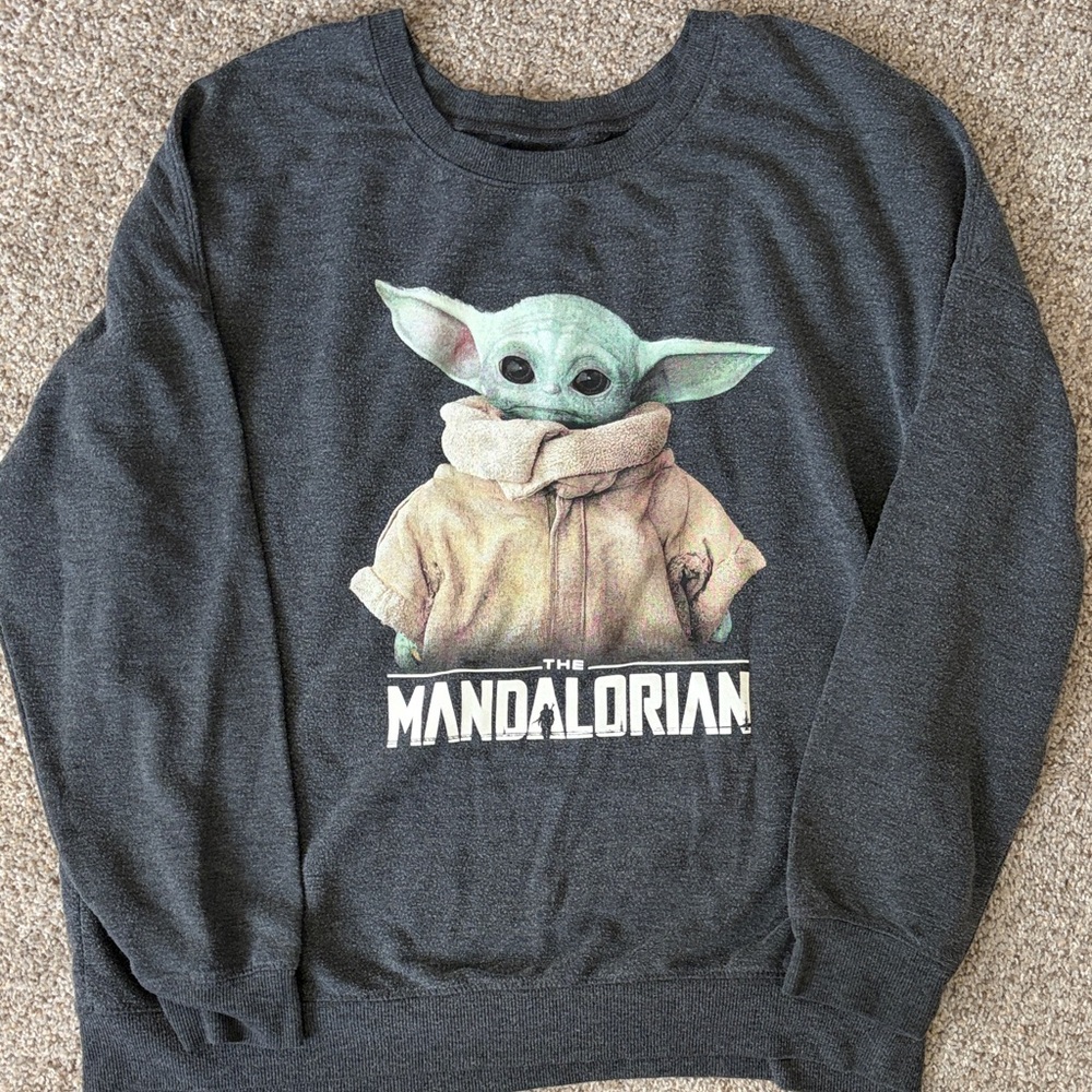 Star Wars Mandalorian Grogu Crewneck Sweater - Charcoal with Green Graphic